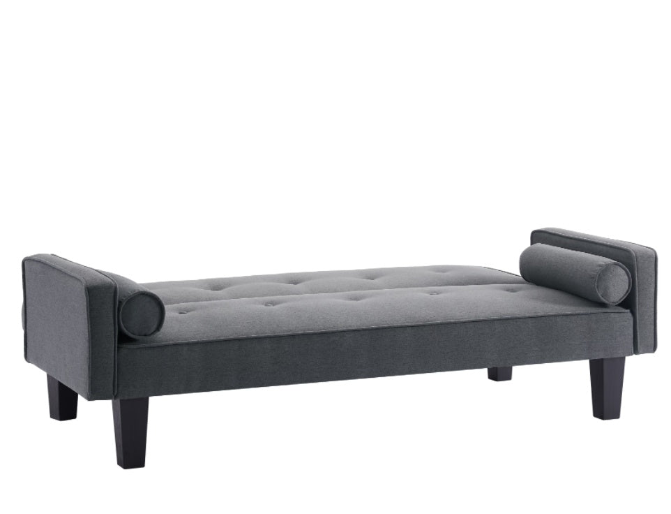 Fabric Sofa, Medieval Love Seat Sofa Furniture, with Pillows in dark grey color with button tufted design.