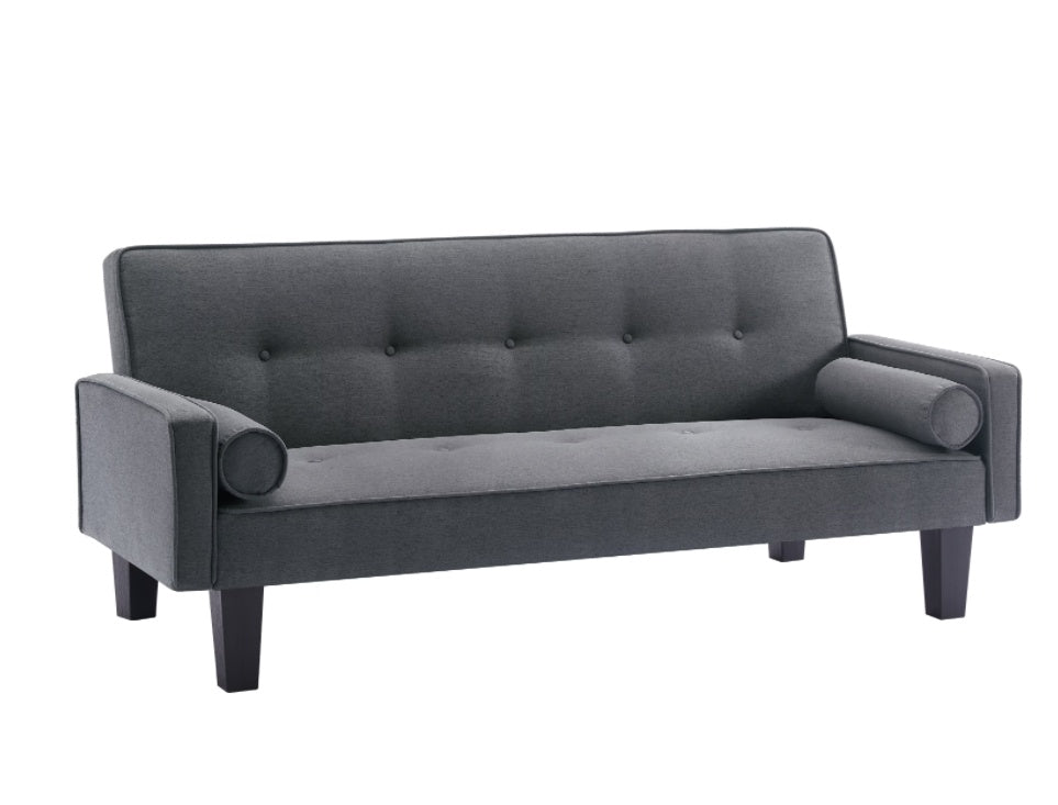 Fabric Sofa, Medieval Love Seat Sofa Furniture, with Pillows in dark grey fabric with button tufting.