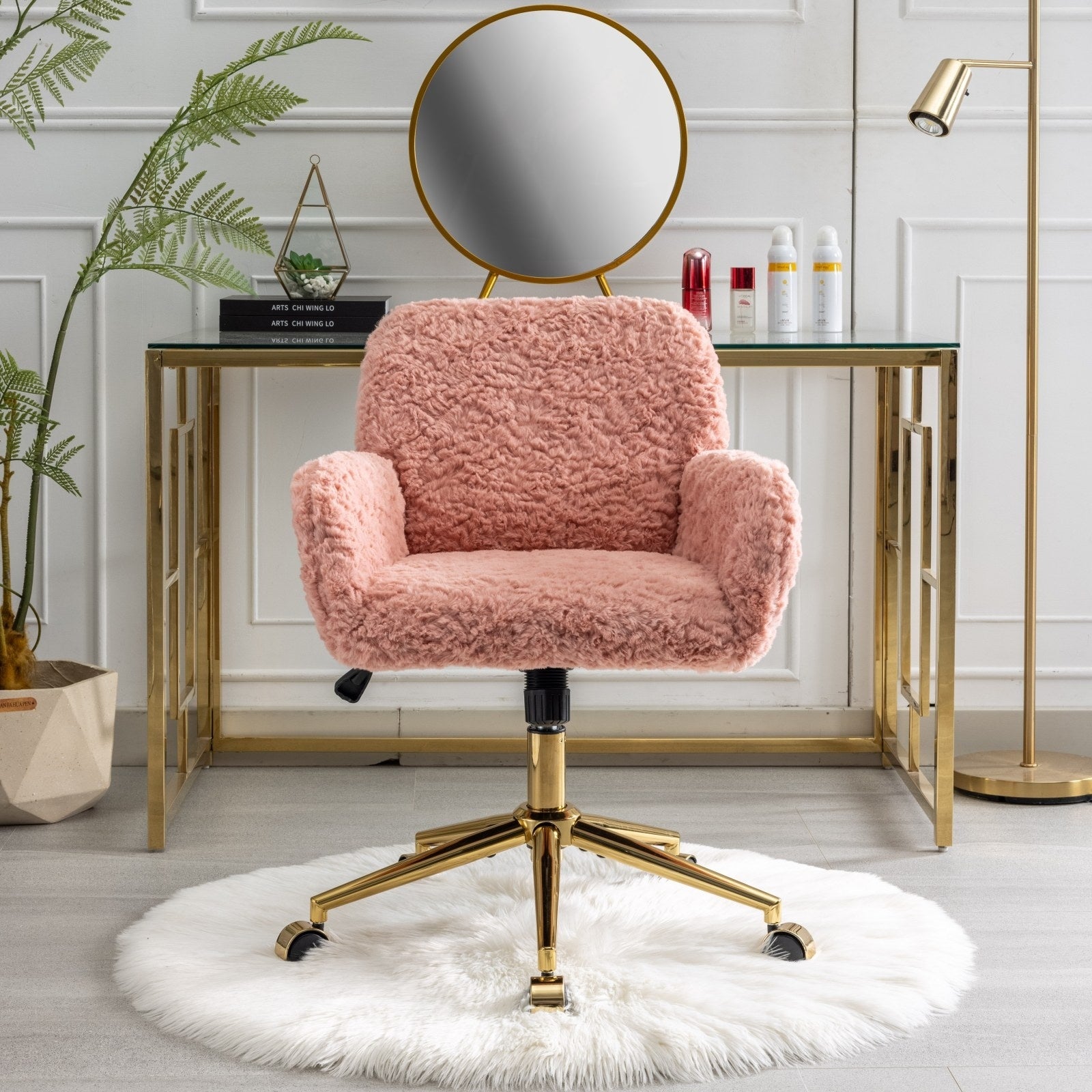 Artificial Rabbit Hair Office Chair with Gold Base, Adjustable