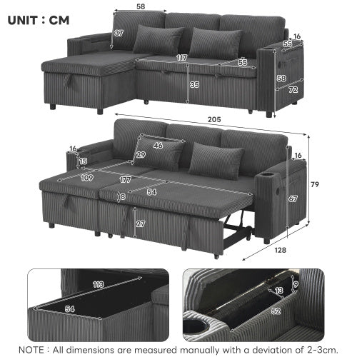 3 In 1 Convertible Corduroy Sofa Bed with Storage Chaise