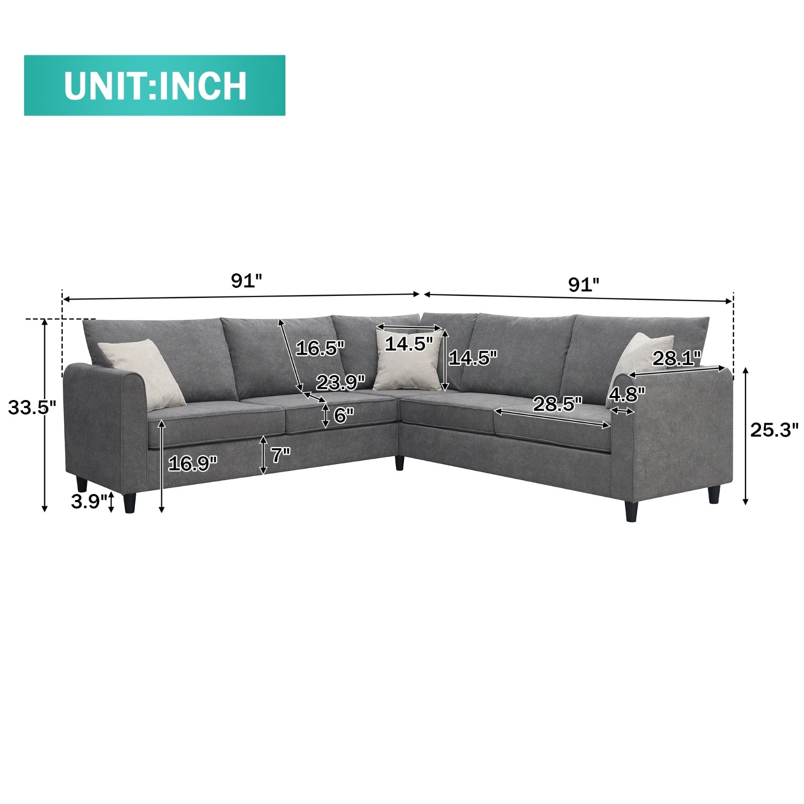 91 91 Modern L-Shape Sectional Sofa Upholstered