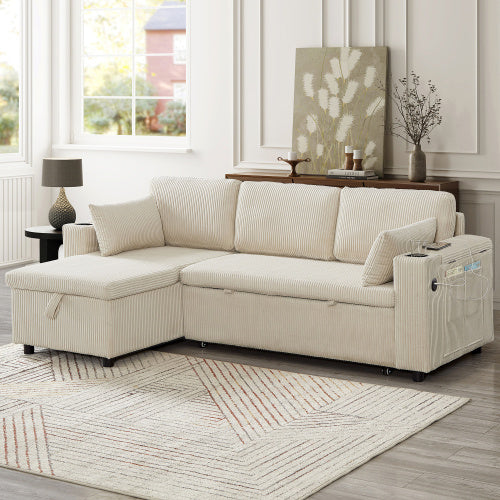 3 In 1 Convertible Corduroy Sofa Bed with Storage Chaise