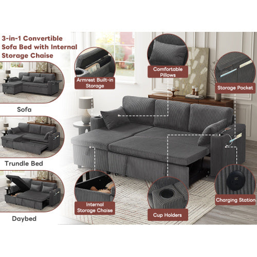 3 In 1 Convertible Corduroy Sofa Bed with Storage Chaise