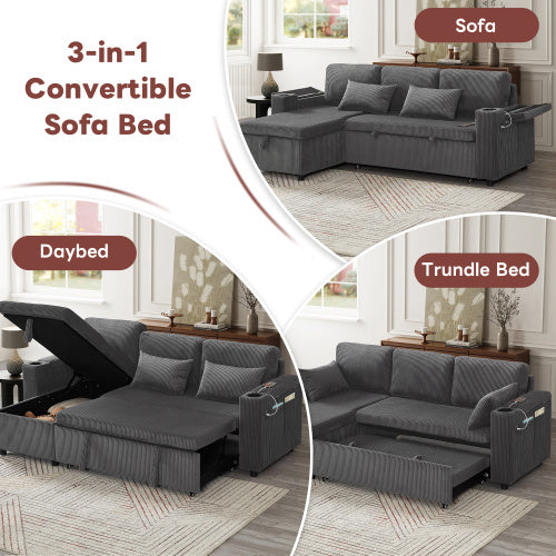 3 In 1 Convertible Corduroy Sofa Bed with Storage Chaise