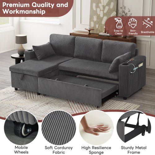3 In 1 Convertible Corduroy Sofa Bed with Storage Chaise