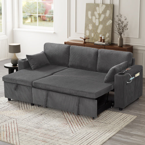 3 In 1 Convertible Corduroy Sofa Bed with Storage Chaise