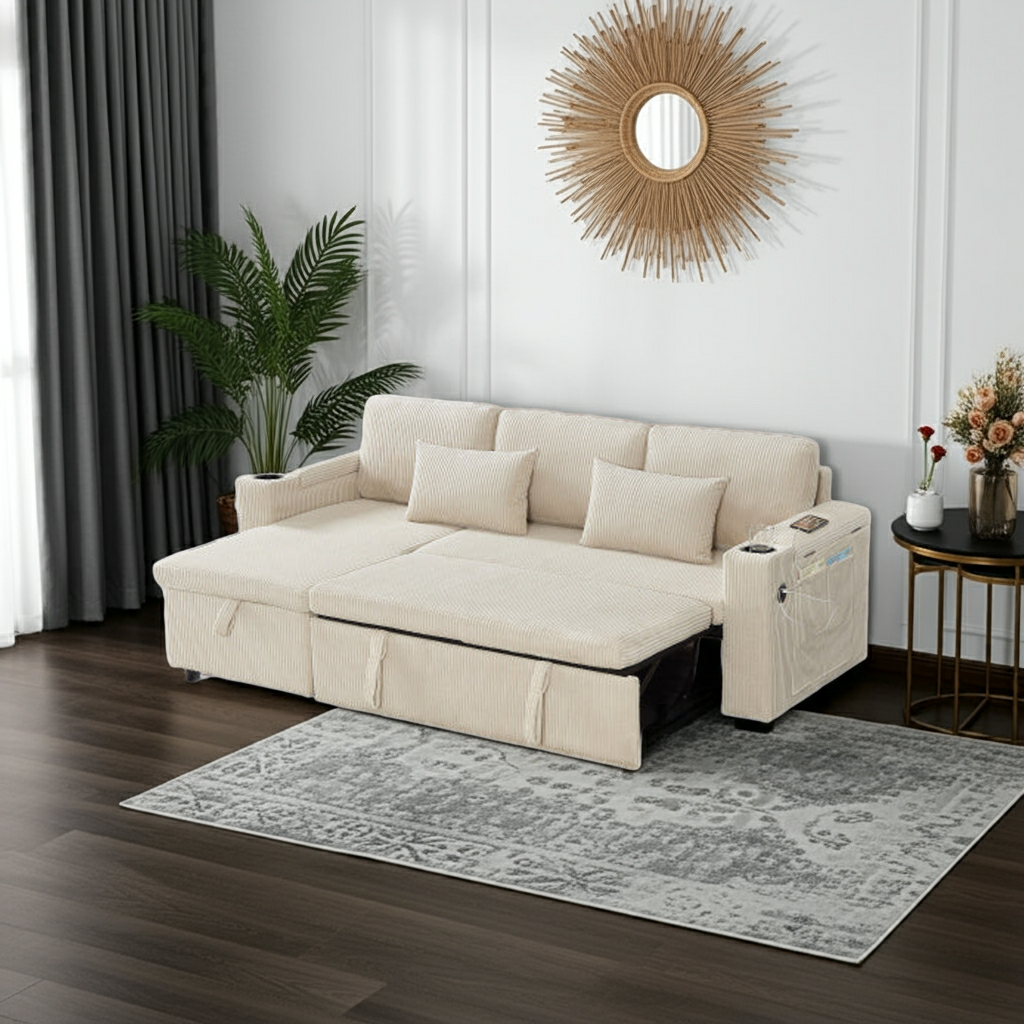 3 In 1 Convertible Corduroy Sofa Bed with Storage Chaise