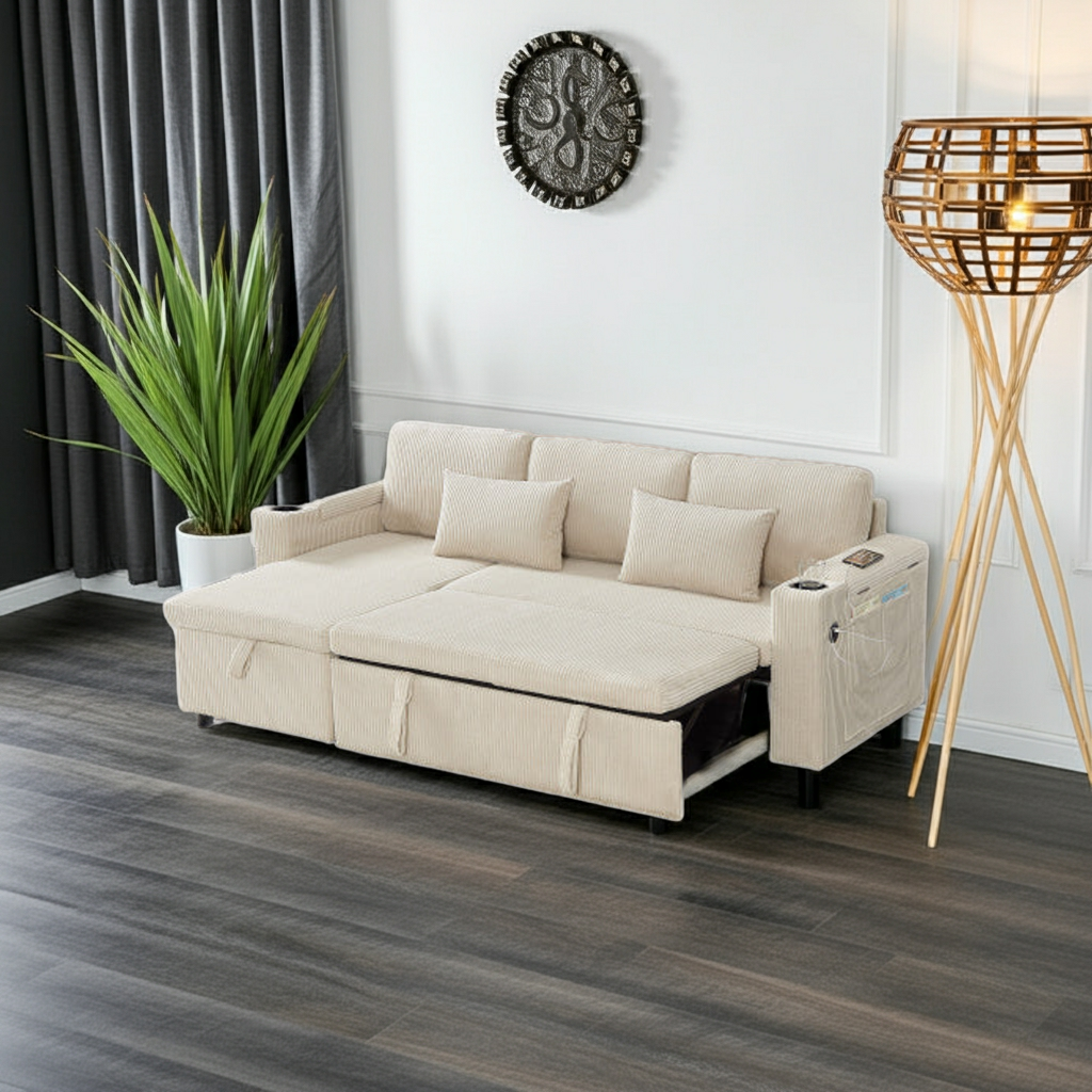 3 In 1 Convertible Corduroy Sofa Bed with Storage Chaise