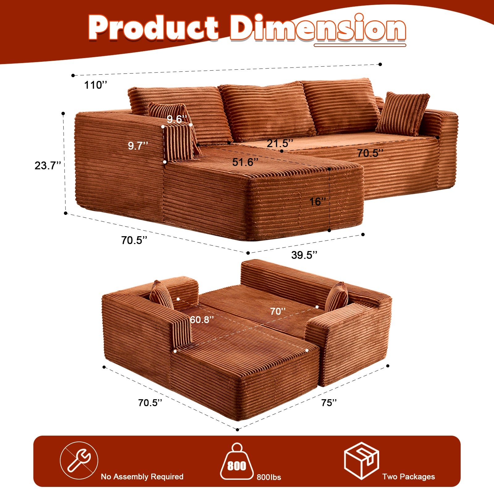 Compression Sectional Couch with Comfy Chaise
