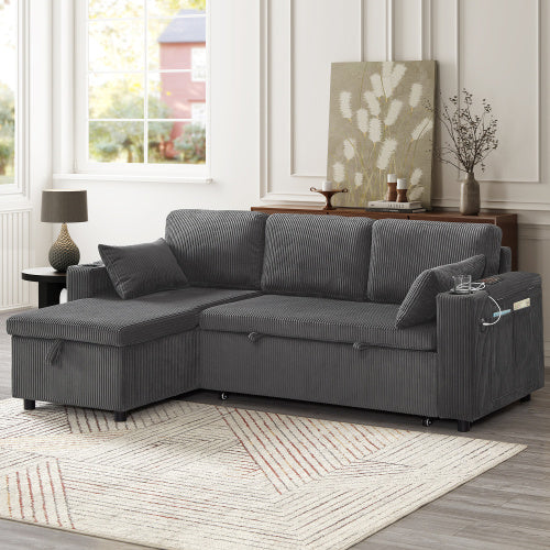 3 In 1 Convertible Corduroy Sofa Bed with Storage Chaise
